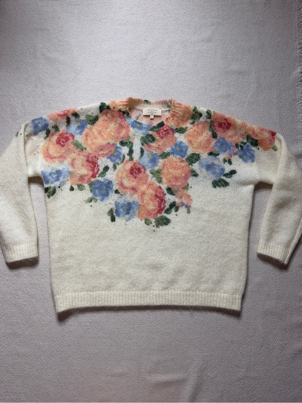 Sézane Malory Mohair Wool Pastel Roses Gold Flecked Sweater L Whimsy Boho Fall - Picture 2 of 9